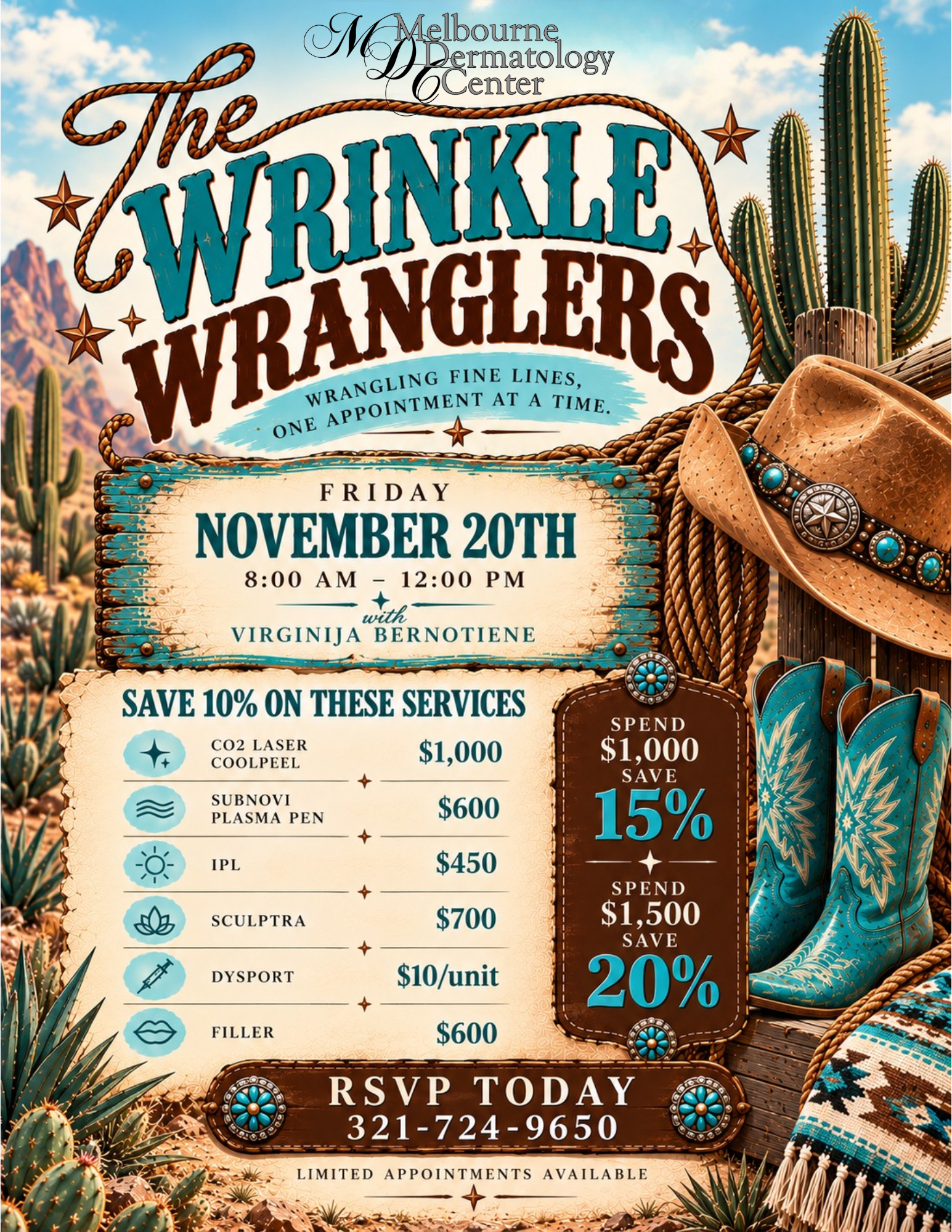 Wrinkle Wranglers cosmetic event flyer for Melbourne Dermatology Center, Friday November 20, 8 AM to 12 PM with Virginija Bernotiene. Save 10% on CO2 Laser CoolPeel, Subnovii Plasma Pen, IPL, Sculptra, Dysport and filler; spend $1,000 save 15%, spend $1,500 save 20%. RSVP 321-724-9650.